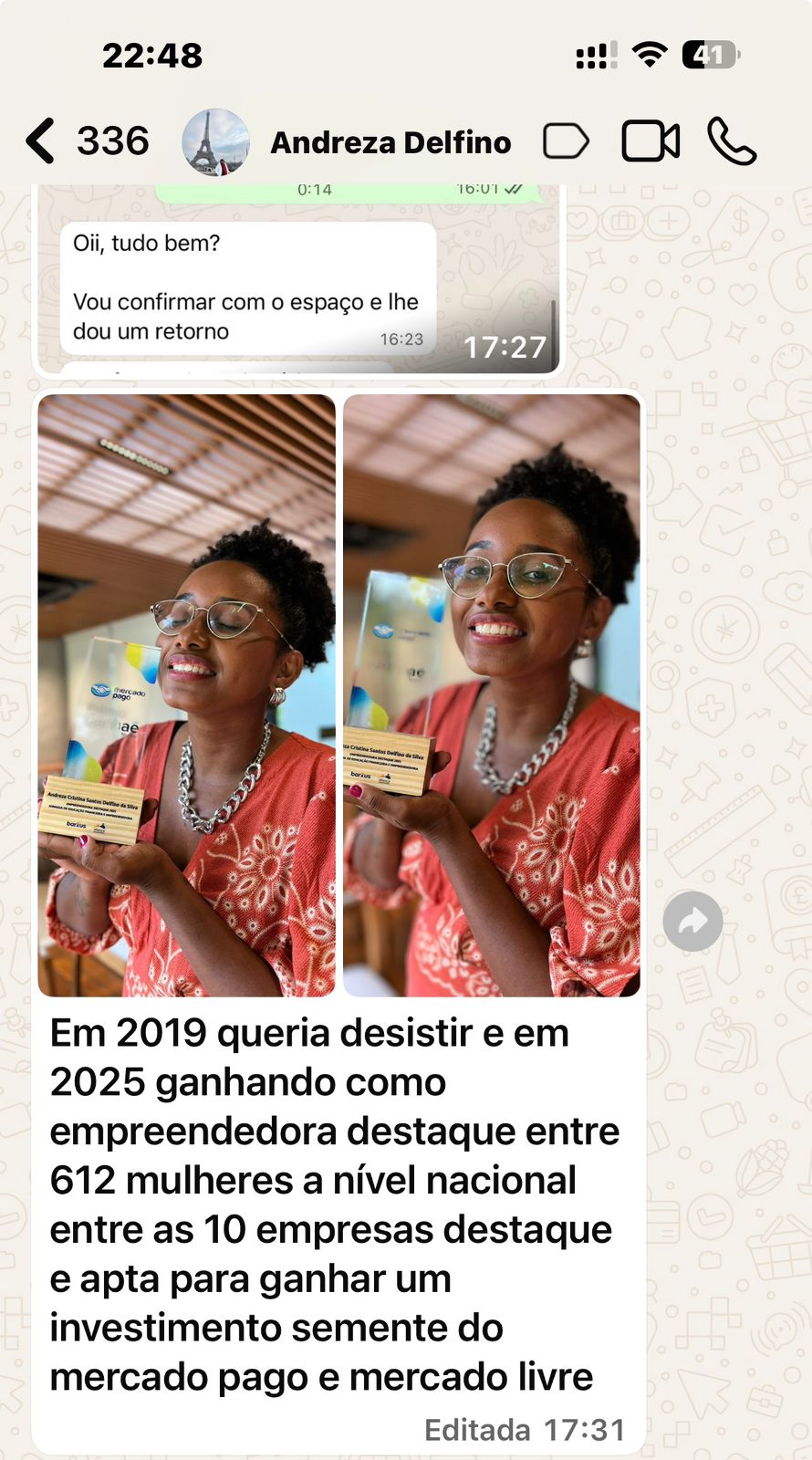 Depoimento real de aluna — print 1
